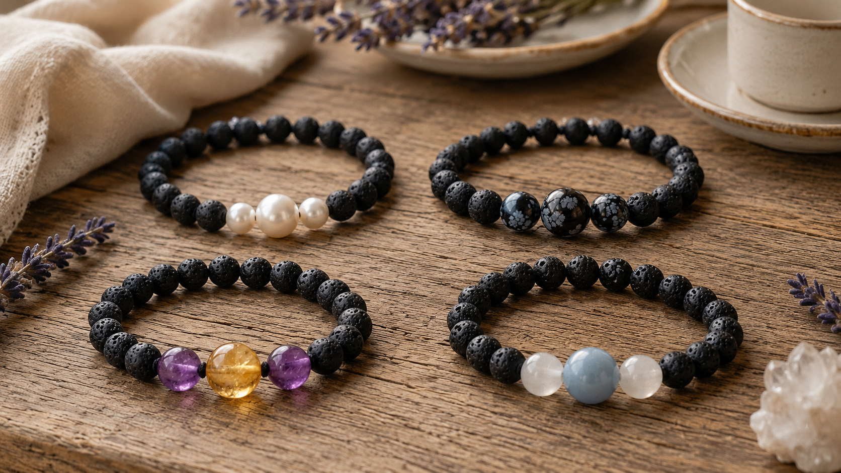 Quatro pulseiras Emolink com pedra de lava e pedras das portas sobre madeira