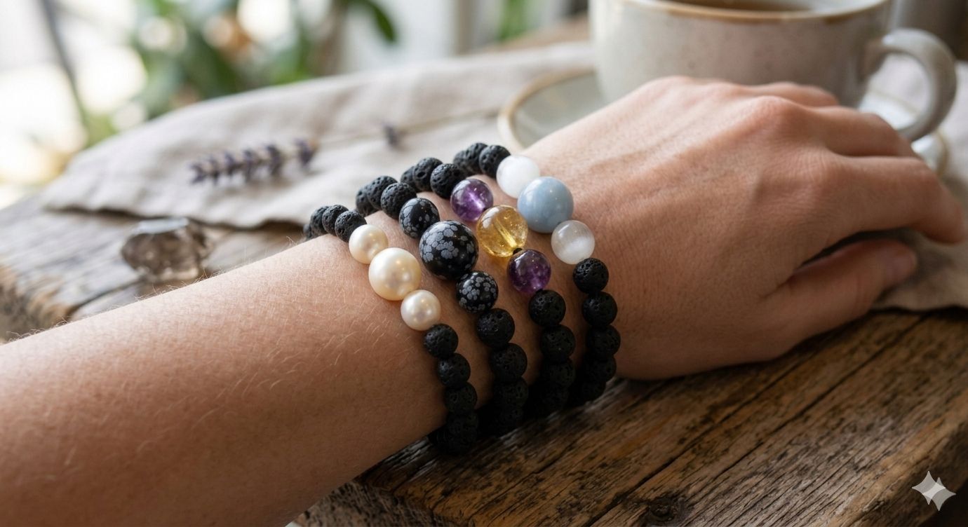 Pulseira de pedra de lava com argola dourada sobre tecido